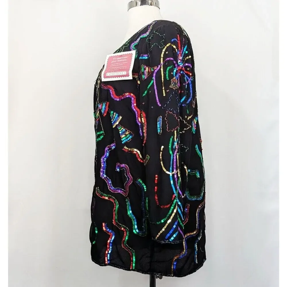 French Collizini Jacket Black Colorful Glamoratti Sequin Women's Size 2X New